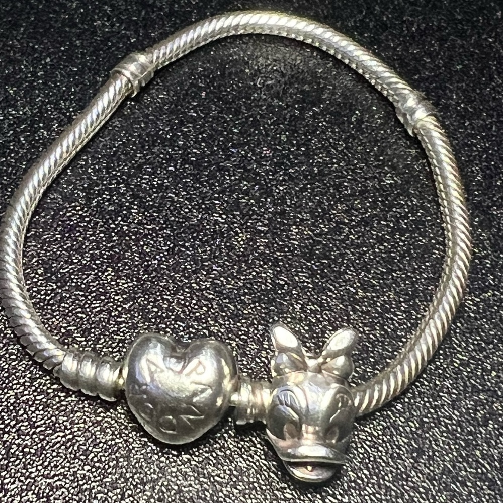 Pandora Moments Heart Clasp Snake Chain Sterling Silver Bracelet +Daisy Charm